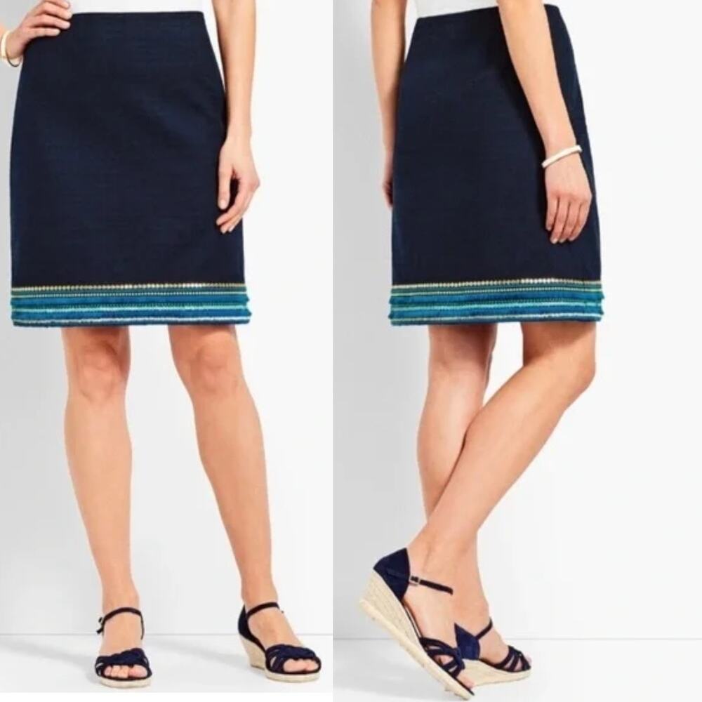 Talbots Navy Blue Fringe Colorful Sequin Border Cotton A-Line Skirt Size 4
